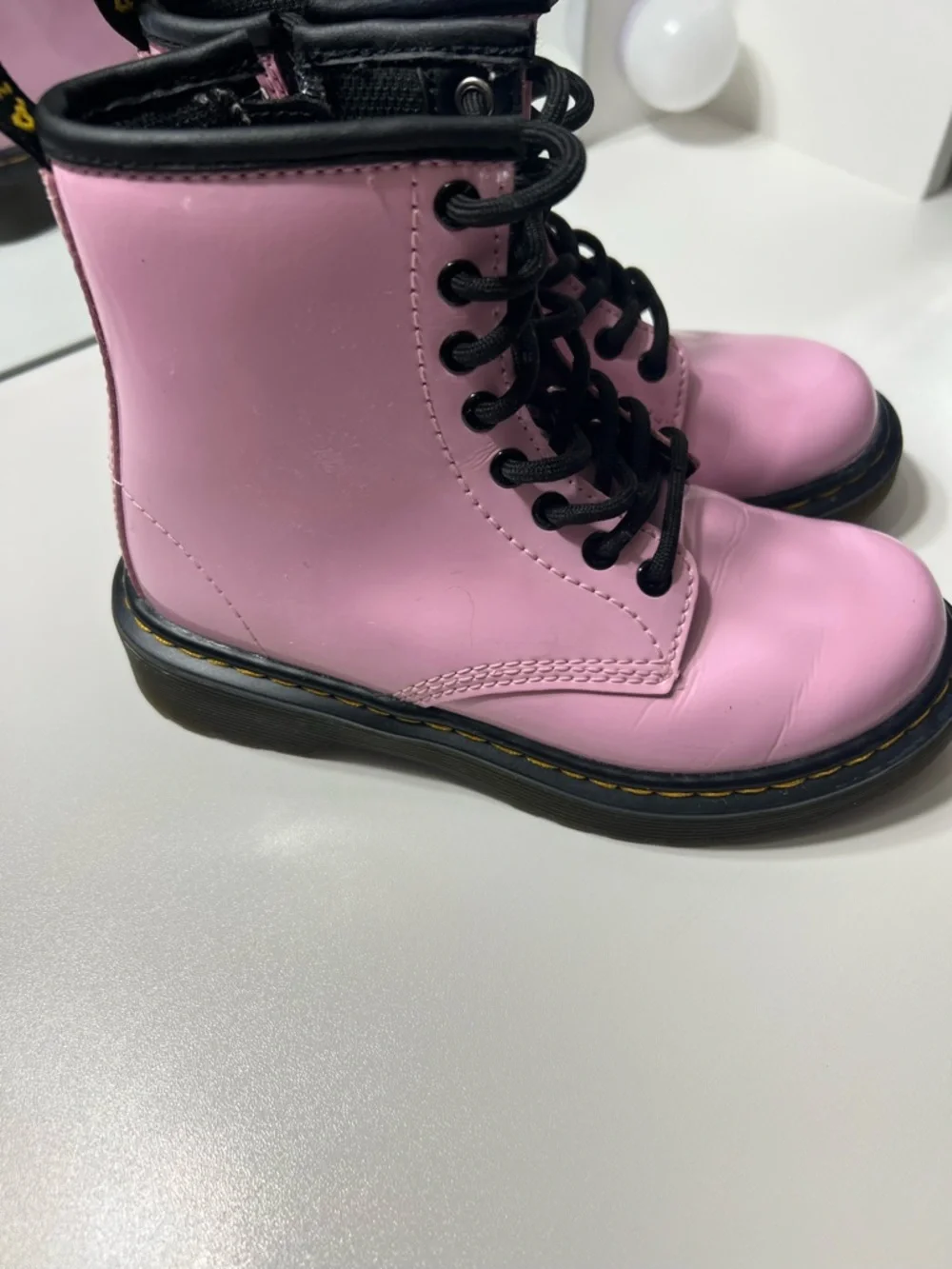 Dr. Martens Junior 1460 Patent Leather Lace Up Boots in Pale Pink size 12